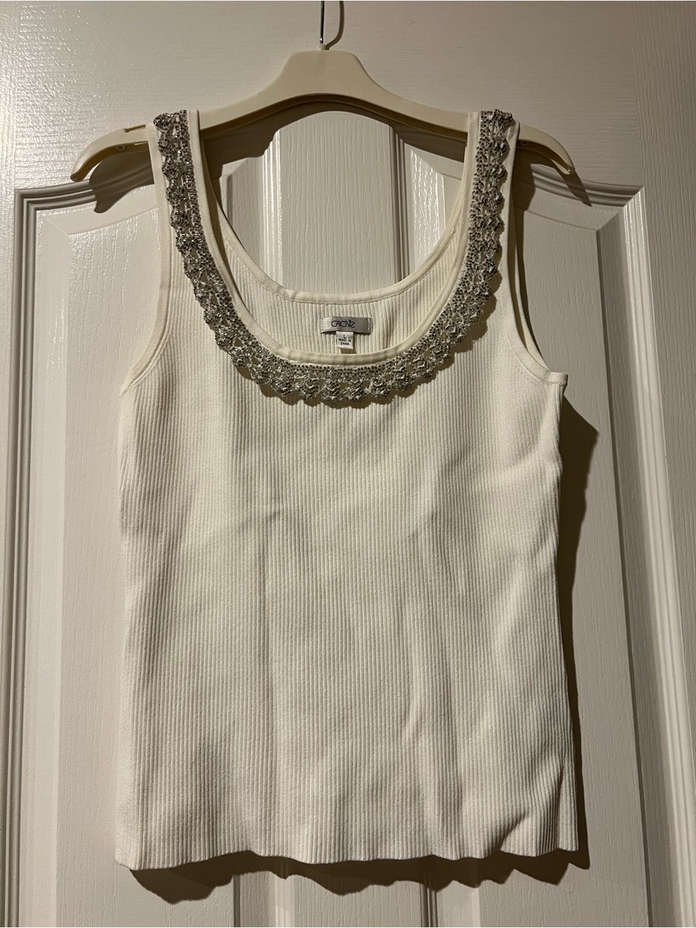 Cache White Ribbed Tank with Silver Beaded Scoop